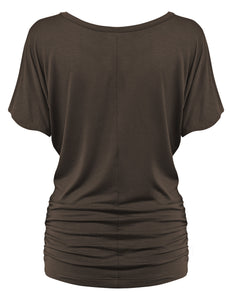 WT817 Women's Solid Short Sleeve Boat Neck Dolman Top with Side Shirring