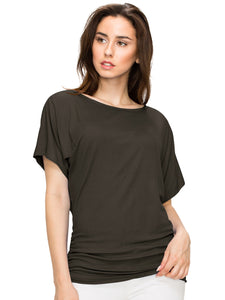 WT817 Women's Solid Short Sleeve Boat Neck Dolman Top with Side Shirring