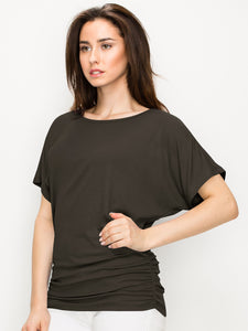WT817 Women's Solid Short Sleeve Boat Neck Dolman Top with Side Shirring