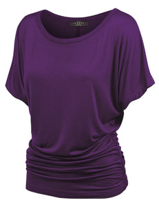 WT817 Women's Solid Short Sleeve Boat Neck Dolman Top with Side Shirring