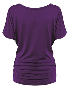 WT817 Women's Solid Short Sleeve Boat Neck Dolman Top with Side Shirring
