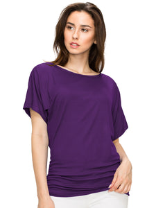 WT817 Women's Solid Short Sleeve Boat Neck Dolman Top with Side Shirring