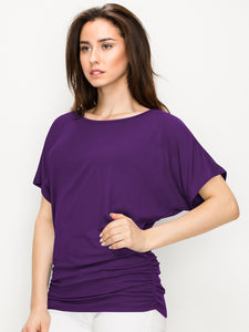 WT817 Women's Solid Short Sleeve Boat Neck Dolman Top with Side Shirring