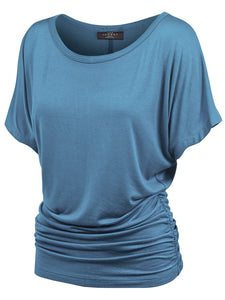 WT817 Women's Solid Short Sleeve Boat Neck Dolman Top with Side Shirring