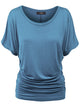 WT817 Women's Solid Short Sleeve Boat Neck Dolman Top with Side Shirring