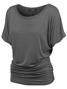 WT817 Women's Solid Short Sleeve Boat Neck Dolman Top with Side Shirring