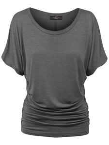 WT817 Women's Solid Short Sleeve Boat Neck Dolman Top with Side Shirring