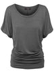WT817 Women's Solid Short Sleeve Boat Neck Dolman Top with Side Shirring