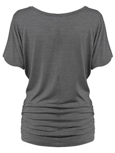 WT817 Women's Solid Short Sleeve Boat Neck Dolman Top with Side Shirring