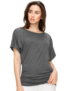 WT817 Women's Solid Short Sleeve Boat Neck Dolman Top with Side Shirring
