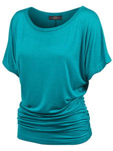 WT817 Women's Solid Short Sleeve Boat Neck Dolman Top with Side Shirring