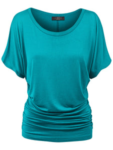 WT817 Women's Solid Short Sleeve Boat Neck Dolman Top with Side Shirring