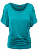 WT817 Women's Solid Short Sleeve Boat Neck Dolman Top with Side Shirring