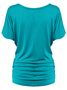 WT817 Women's Solid Short Sleeve Boat Neck Dolman Top with Side Shirring