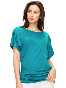 WT817 Women's Solid Short Sleeve Boat Neck Dolman Top with Side Shirring