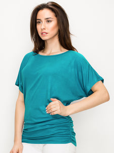 WT817 Women's Solid Short Sleeve Boat Neck Dolman Top with Side Shirring