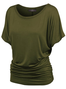 WT817 Women's Solid Short Sleeve Boat Neck Dolman Top with Side Shirring