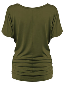 WT817 Women's Solid Short Sleeve Boat Neck Dolman Top with Side Shirring