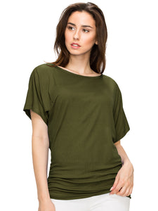 WT817 Women's Solid Short Sleeve Boat Neck Dolman Top with Side Shirring