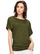 WT817 Women's Solid Short Sleeve Boat Neck Dolman Top with Side Shirring