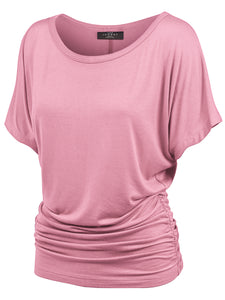 WT817 Women's Solid Short Sleeve Boat Neck Dolman Top with Side Shirring