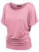 WT817 Women's Solid Short Sleeve Boat Neck Dolman Top with Side Shirring