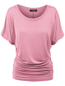 WT817 Women's Solid Short Sleeve Boat Neck Dolman Top with Side Shirring