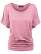 WT817 Women's Solid Short Sleeve Boat Neck Dolman Top with Side Shirring