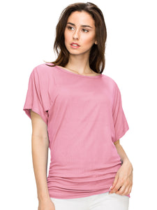 WT817 Women's Solid Short Sleeve Boat Neck Dolman Top with Side Shirring