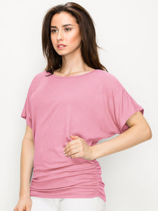 WT817 Women's Solid Short Sleeve Boat Neck Dolman Top with Side Shirring