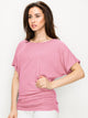 WT817 Women's Solid Short Sleeve Boat Neck Dolman Top with Side Shirring