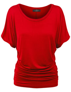 WT817 Women's Solid Short Sleeve Boat Neck Dolman Top with Side Shirring
