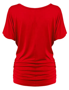 WT817 Women's Solid Short Sleeve Boat Neck Dolman Top with Side Shirring