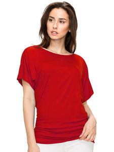 WT817 Women's Solid Short Sleeve Boat Neck Dolman Top with Side Shirring
