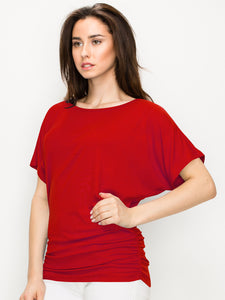 WT817 Women's Solid Short Sleeve Boat Neck Dolman Top with Side Shirring