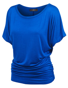 WT817 Women's Solid Short Sleeve Boat Neck Dolman Top with Side Shirring
