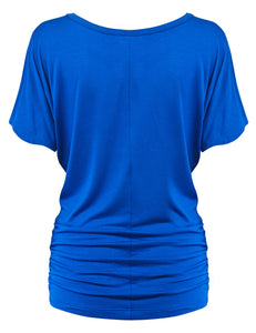 WT817 Women's Solid Short Sleeve Boat Neck Dolman Top with Side Shirring