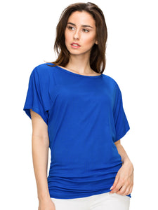 WT817 Women's Solid Short Sleeve Boat Neck Dolman Top with Side Shirring