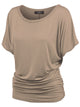 WT817 Women's Solid Short Sleeve Boat Neck Dolman Top with Side Shirring