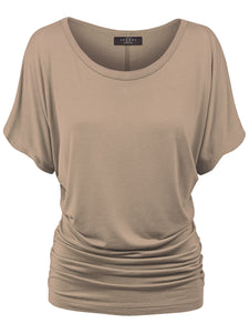 WT817 Women's Solid Short Sleeve Boat Neck Dolman Top with Side Shirring