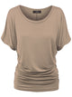 WT817 Women's Solid Short Sleeve Boat Neck Dolman Top with Side Shirring