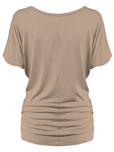 WT817 Women's Solid Short Sleeve Boat Neck Dolman Top with Side Shirring