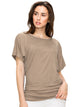 WT817 Women's Solid Short Sleeve Boat Neck Dolman Top with Side Shirring