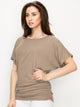 WT817 Women's Solid Short Sleeve Boat Neck Dolman Top with Side Shirring