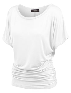 WT817 Women's Solid Short Sleeve Boat Neck Dolman Top with Side Shirring