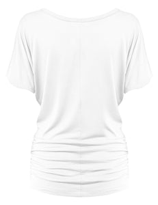 WT817 Women's Solid Short Sleeve Boat Neck Dolman Top with Side Shirring
