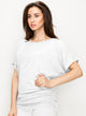 WT817 Women's Solid Short Sleeve Boat Neck Dolman Top with Side Shirring