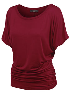 WT817 Women's Solid Short Sleeve Boat Neck Dolman Top with Side Shirring