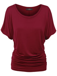 WT817 Women's Solid Short Sleeve Boat Neck Dolman Top with Side Shirring