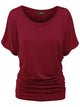 WT817 Women's Solid Short Sleeve Boat Neck Dolman Top with Side Shirring